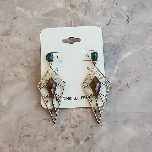 Geometric Brown and Green Dangle Fashion Earrings - Picture 1 of 5
